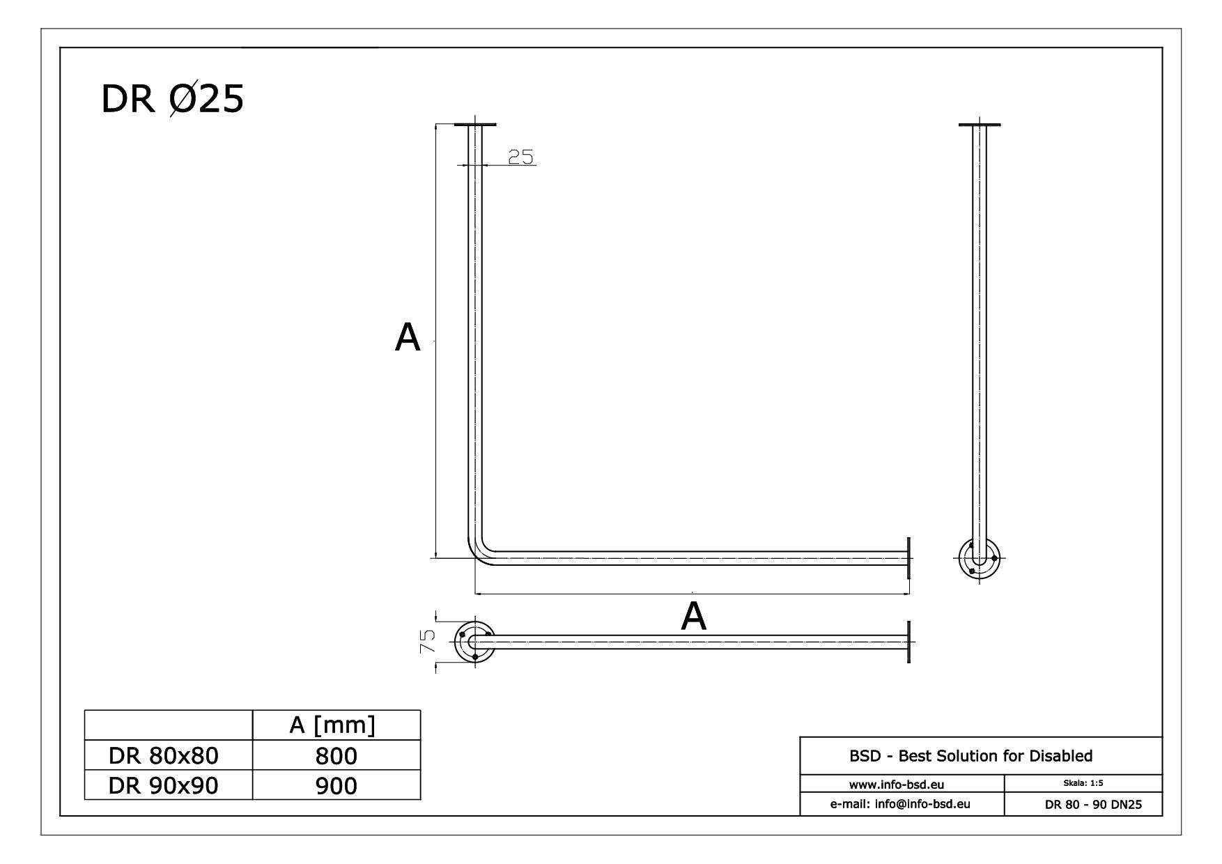 Drążek zasłony prysznicowej biały 80x80 90x90 fi25 DR 80 DR90 BSD