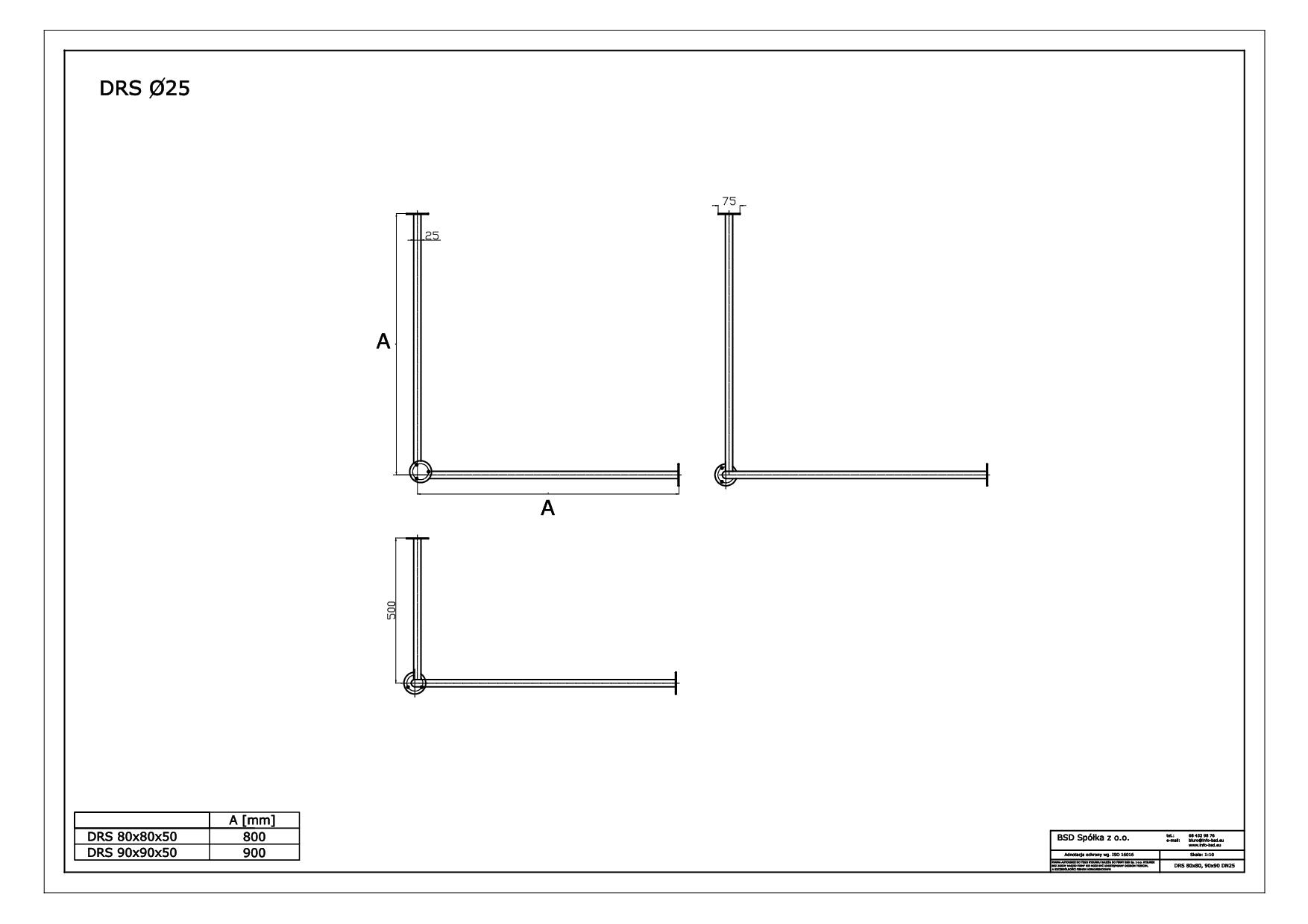 Drążek zasłony prysznicowej dla niepełnosprawnych z podwieszeniem sufitowym stal nierdzewna80x80cm 90x90cm DR25 BSD 