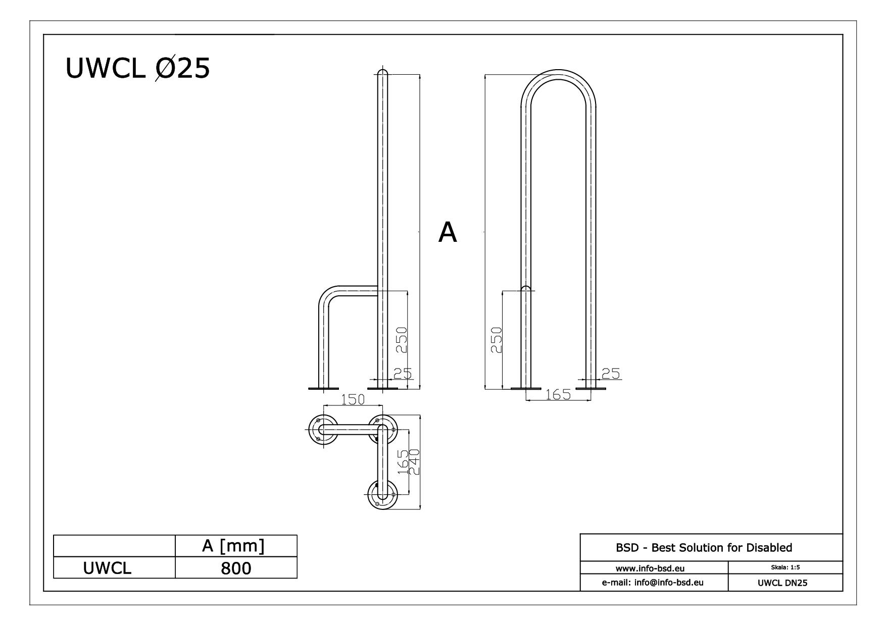 uchwyt WC podloga lewy dla niepelnosprawnych seria simply UWCL pp fi25 BSD - dane techniczne