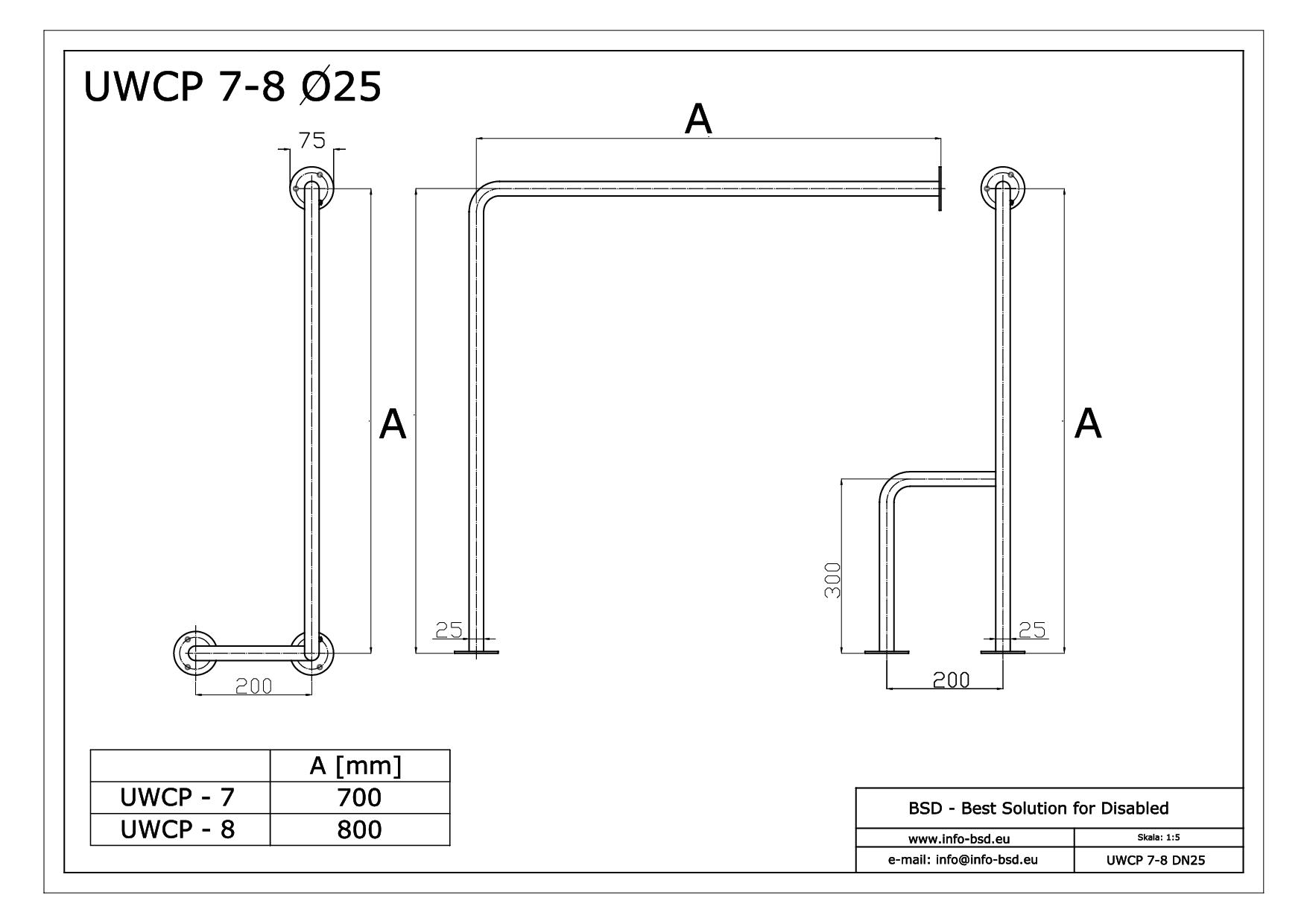 uchwyt WC sciana podloga prawy dla niepelnosprawnych seria simply UWCP fi25 BSD - dane techniczne