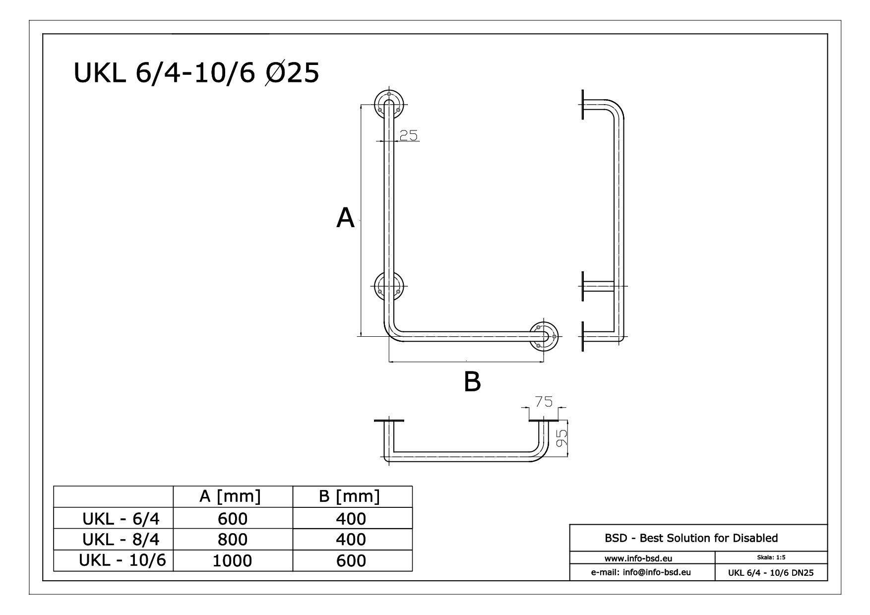 uchwyt katowy lewy 90 stopni dla niepelnosprawnych seria simply UKL fi25 BSD - dane techniczne