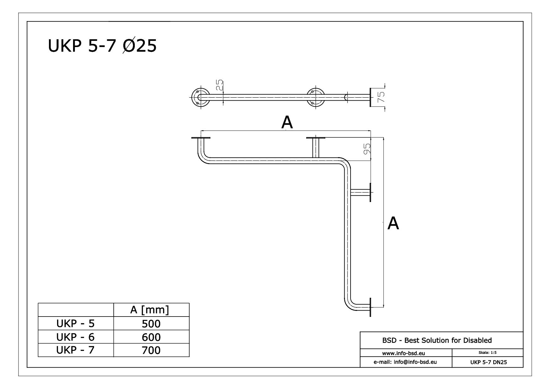 uchwyt katowy prysznicowy poziomy dla niepelnosprawnych seria simply UKP pp fi25 BSD - dane techniczne