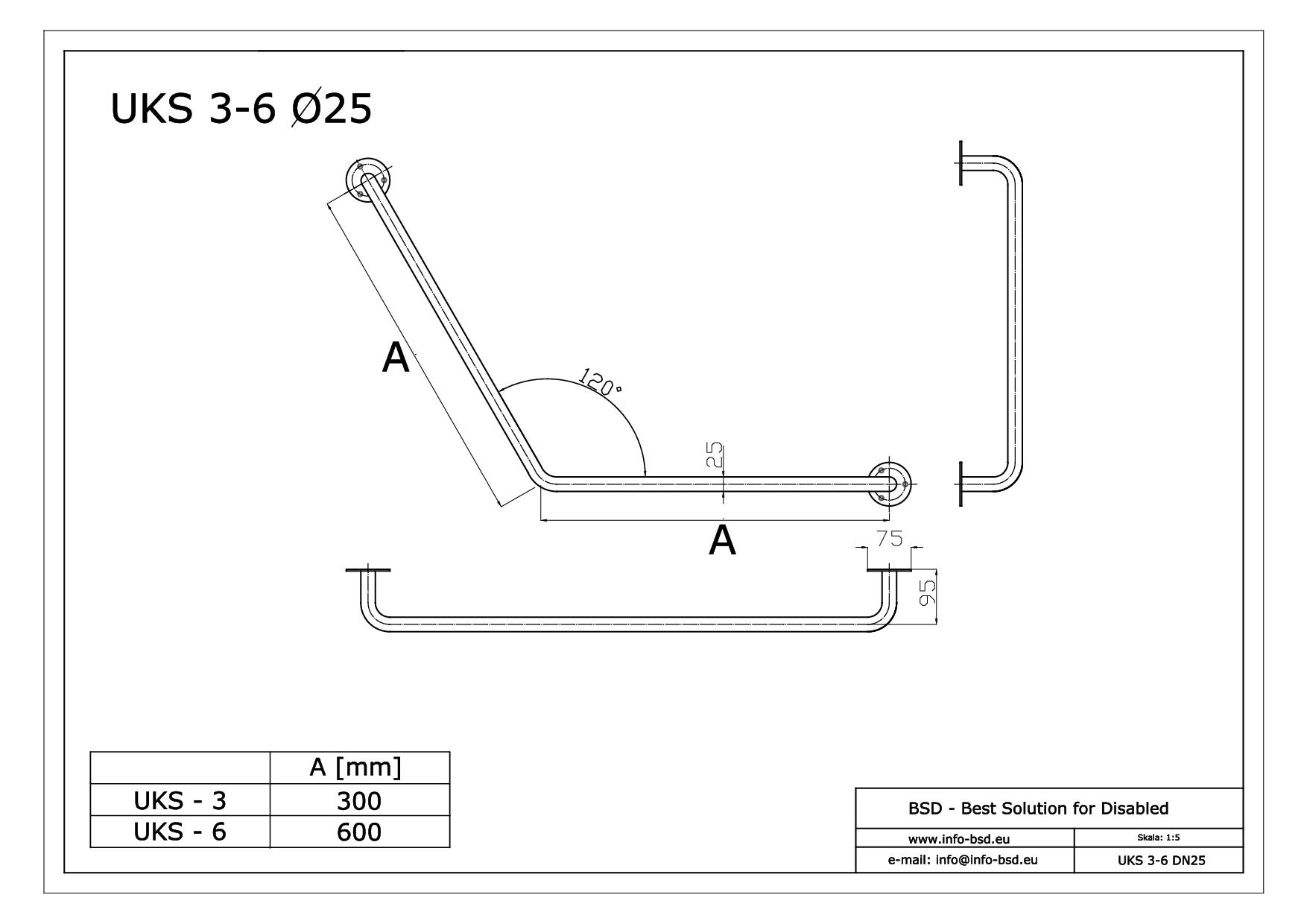 uchwyt katowy specjalny 120 stopni dla niepelnosprawnych seria simply UKS fi25 BSD - dane techniczne