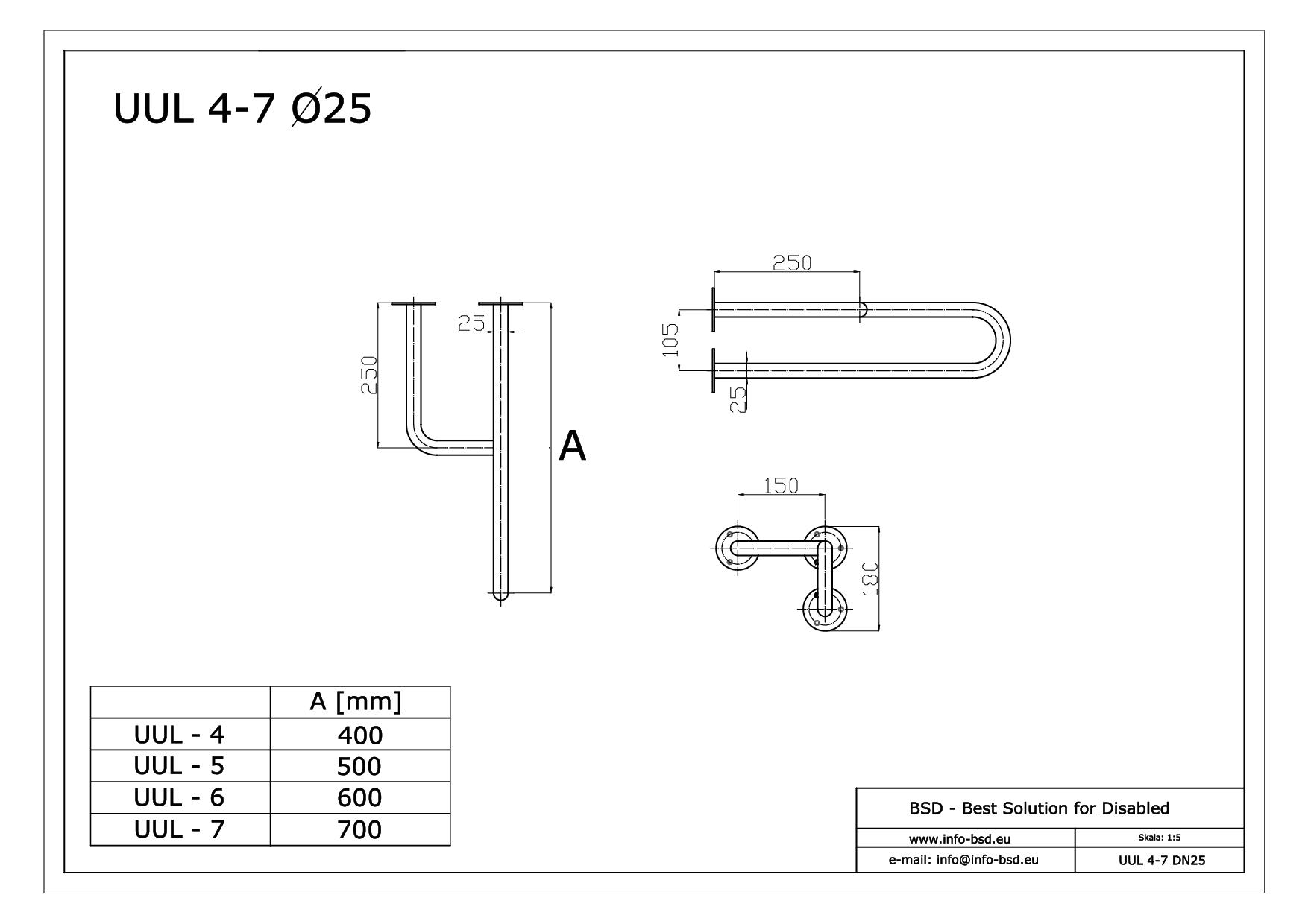 uchwyt umywalkowy lewy dla niepelnosprawnych seria simply UUL fi25 BSD - dane techniczne