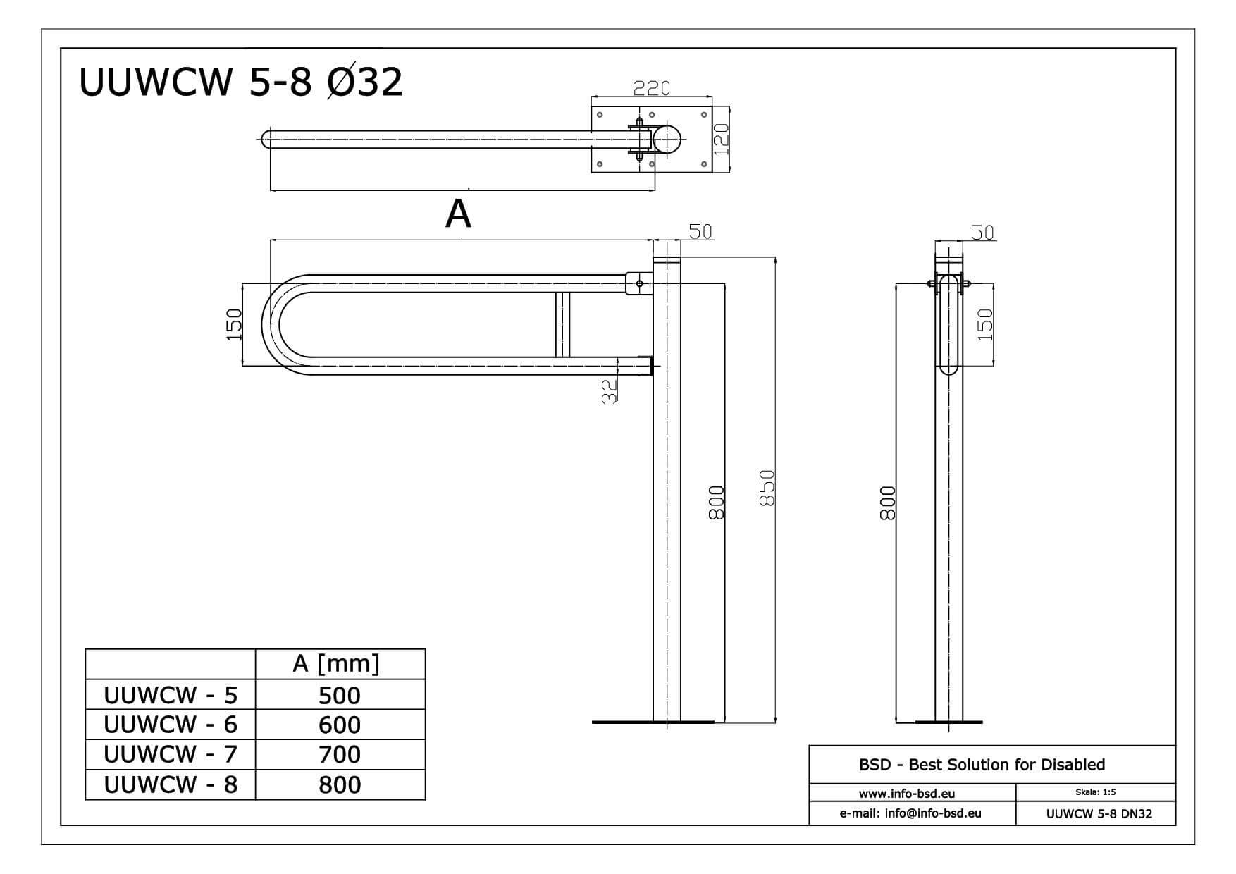 oręcz wolnostojaca uchylna dla niepelnosprawnych seria STANDARD UUWCW fi32 BSD - dane techniczne