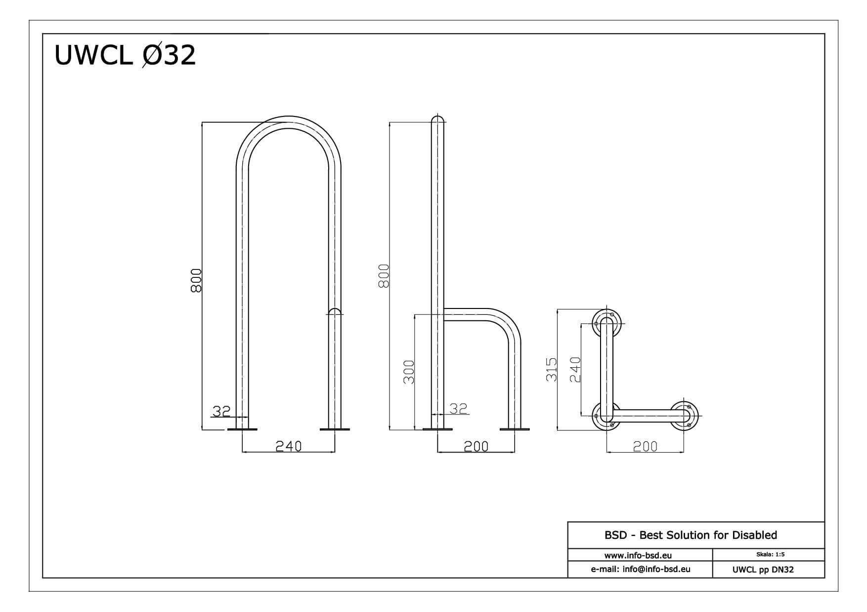 poręcz WC mocowany tylko do podlogi lewa dla niepelnosprawnych seria STANDARD UWCP pp fi32 BSD - dane techniczne