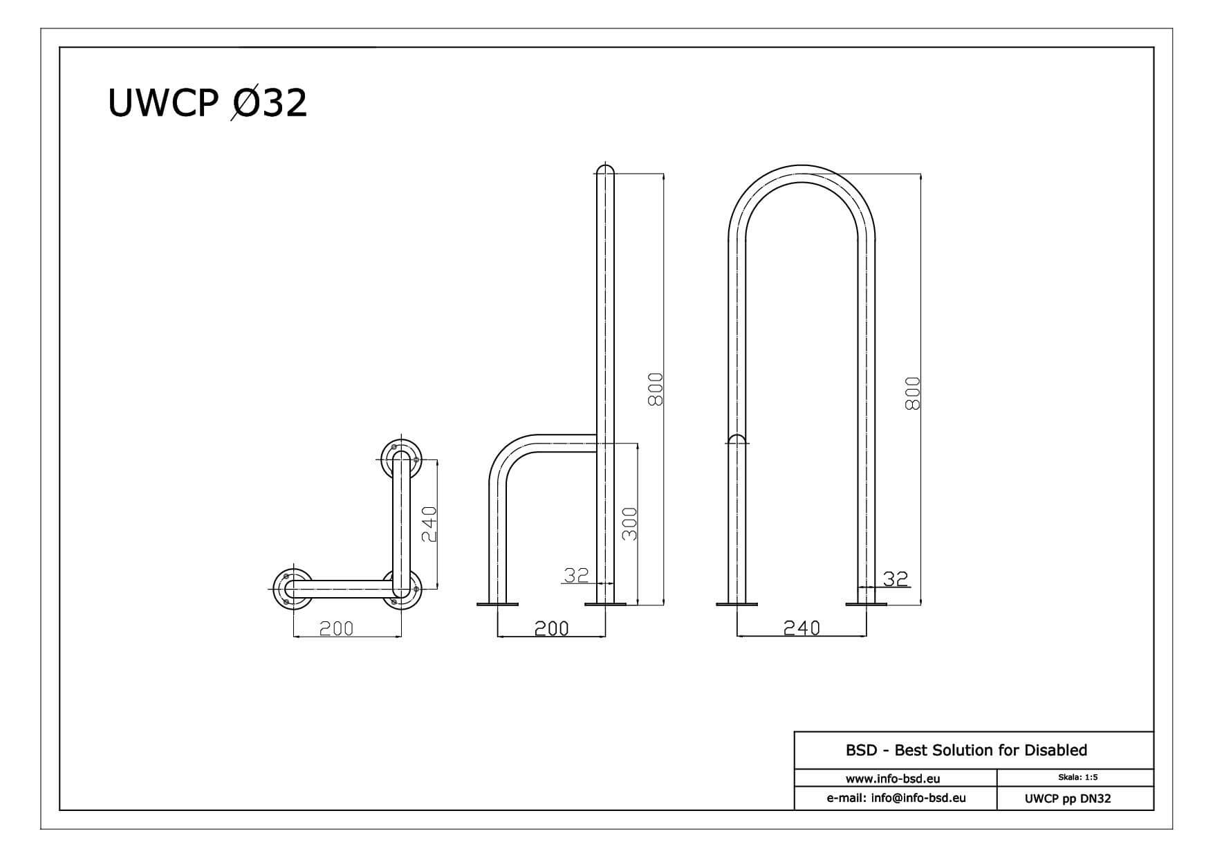 poręcz WC mocowany tylko do podlogi prawa dla niepelnosprawnych seria STANDARD UWCP pp fi32 BSD - dane techniczne