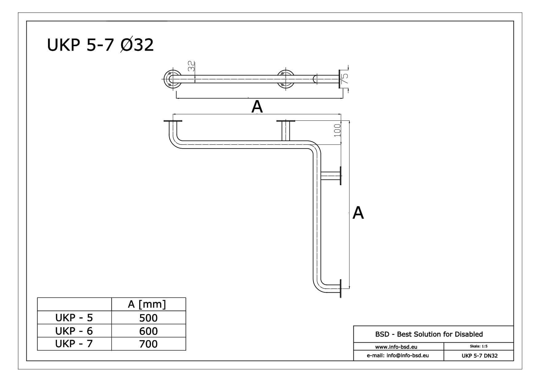 poręcz katowa prysznicowa pozioma dla niepelnosprawnych seria STANDARD UKP pp fi32 BSD - dane techniczne