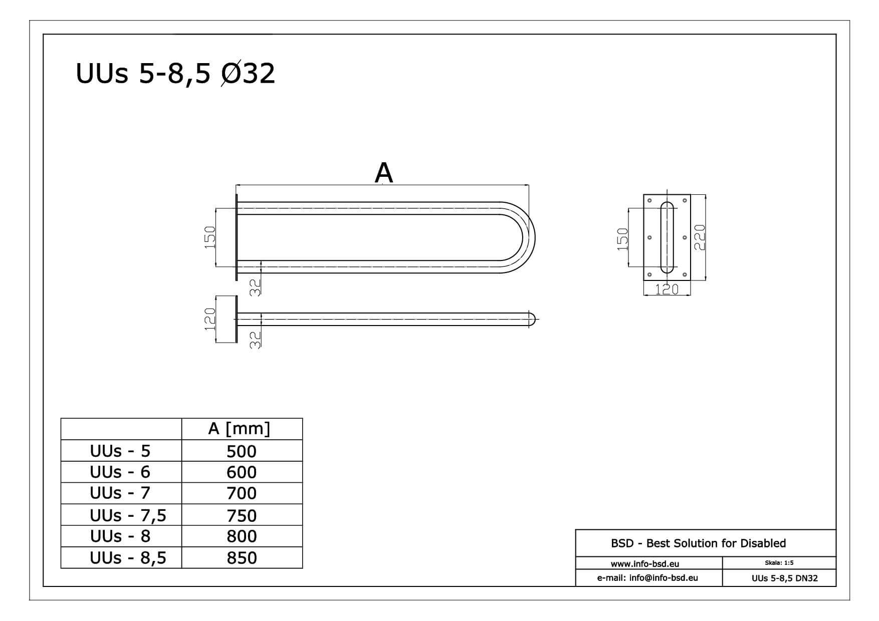 poręcz umywalkowa WC stala dla niepelnosprawnych seria STANDARS UUs fi32 BSD - dane techniczne