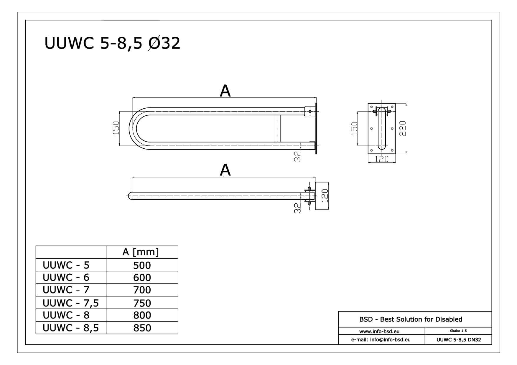 poręcz umywalkowa WC uchylna dla niepelnosprawnych seria STANDARD UUWC fi32 BSD - dane techniczne