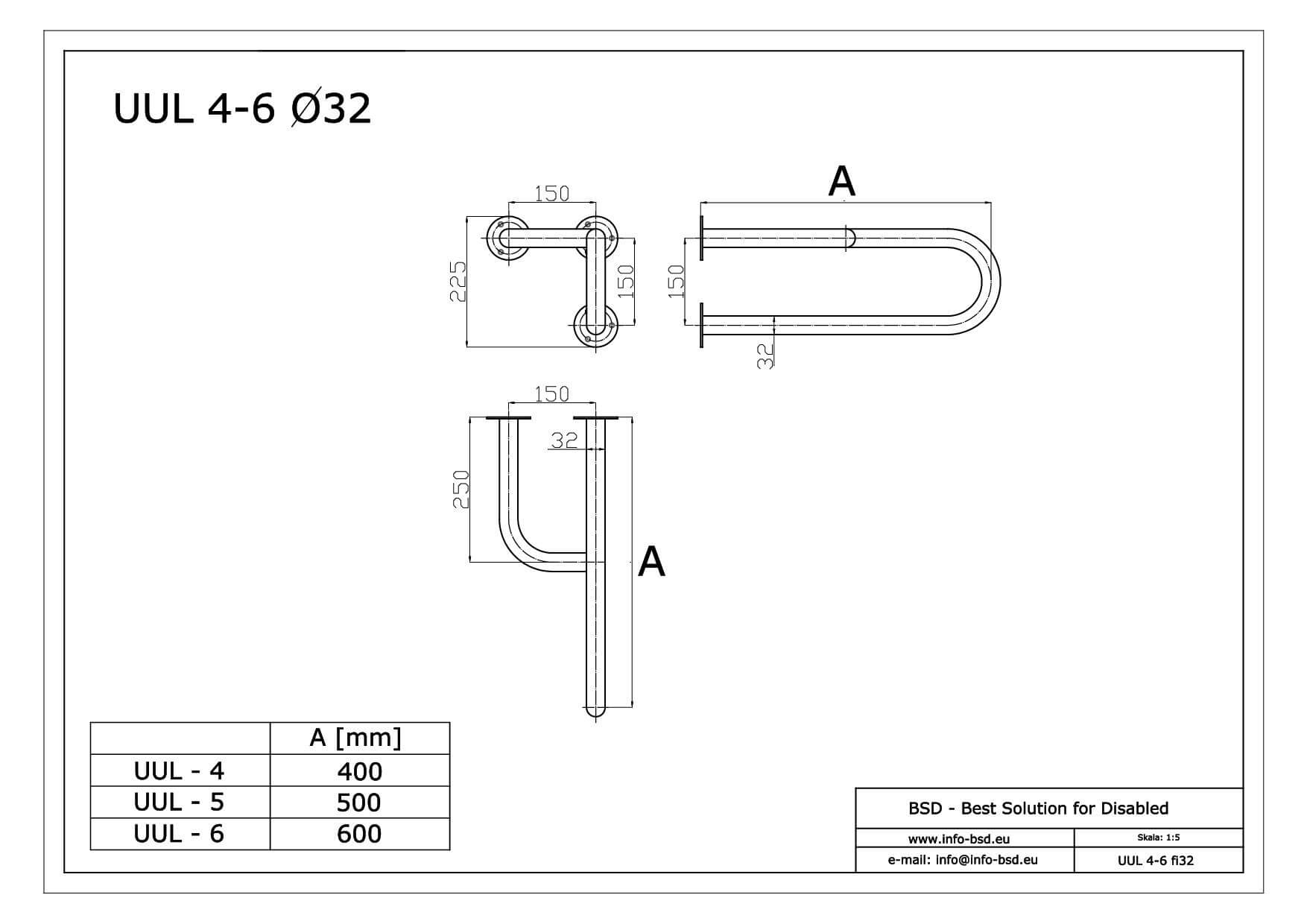 poręcz umywalkowa lewa dla niepelnosprawnych seria STANDARD UUL fi32 BSD - dane techniczne