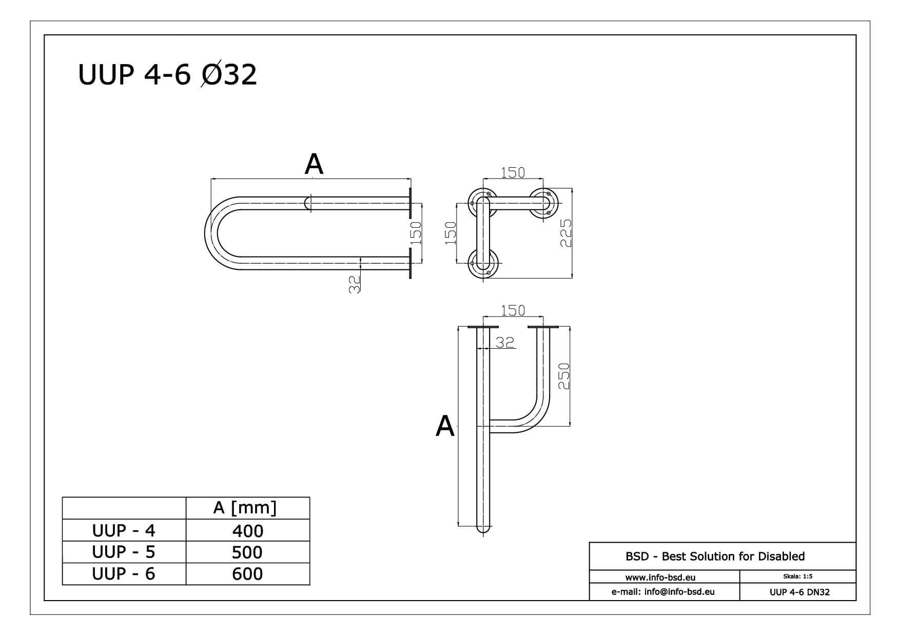 poręcz umywalkowa prawa dla niepelnosprawnych seria STANDARD UUP fi32 BSD - dane techniczne