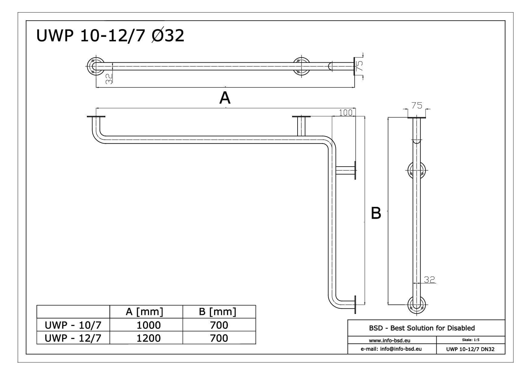 poręcz wannowa pozioma dla niepelnosprawnych seria STANDARD UWP fi32 BSD 